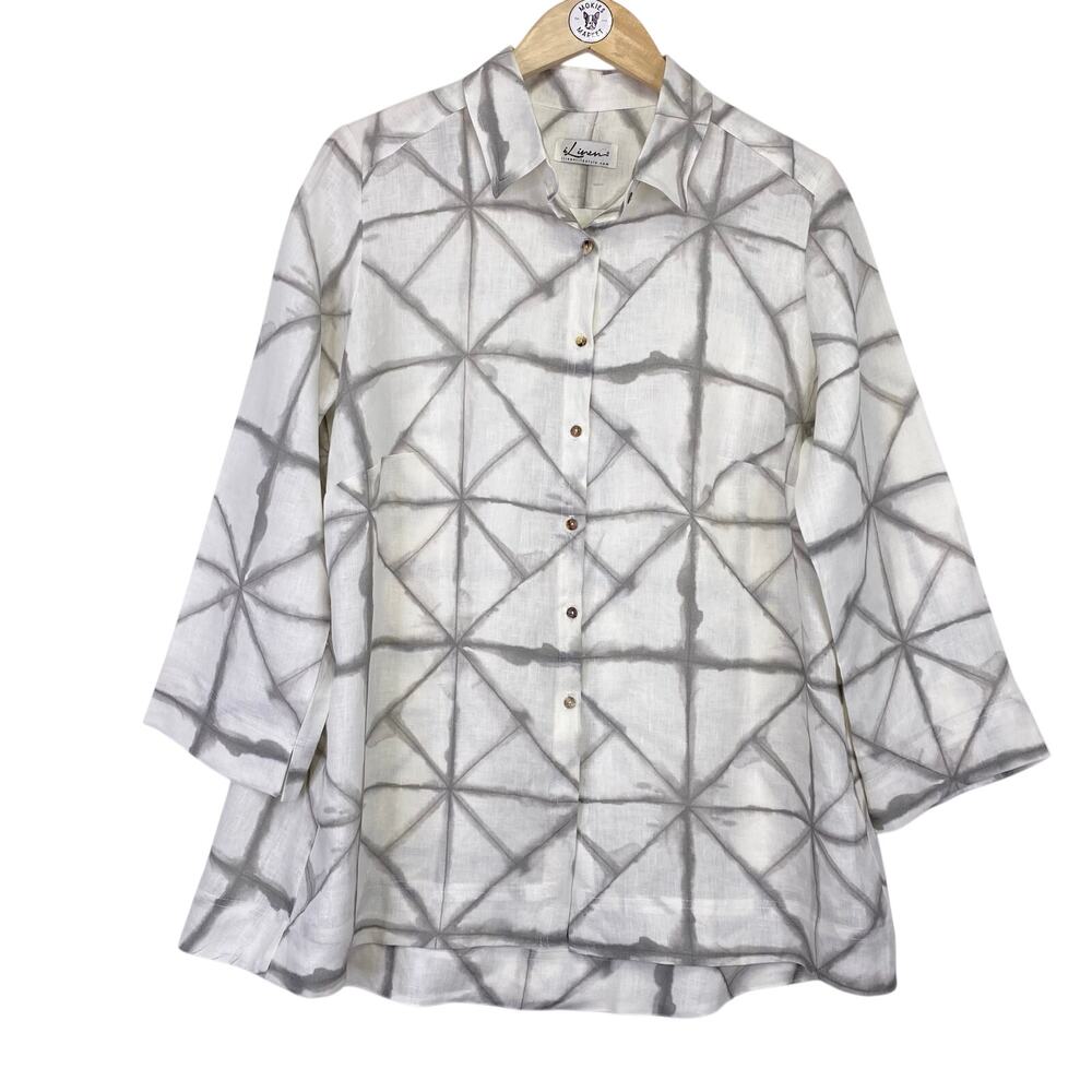 iLINEN LIFESTYLE White Gray Linen Shirt Womens XL Lagenlook